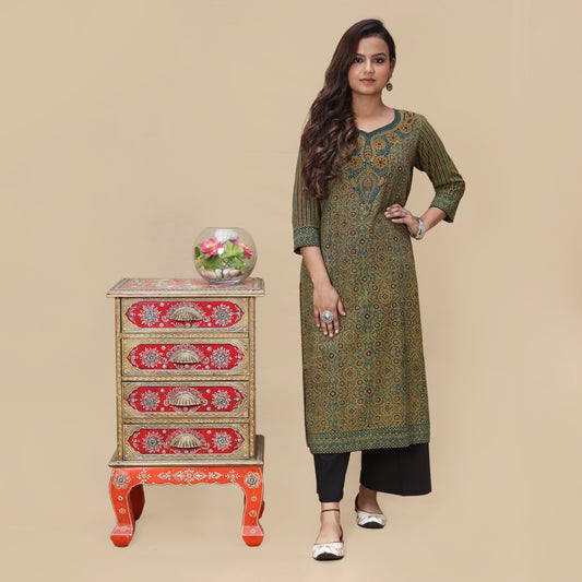 Lush Floral Ajrakh Hand Block Kurta