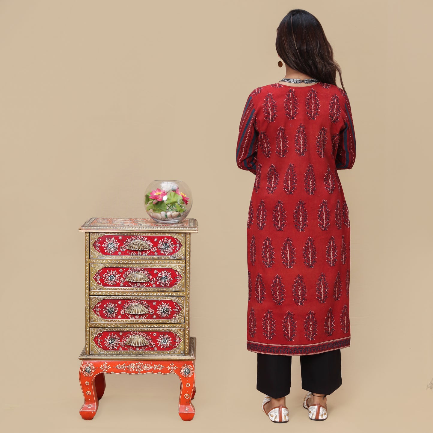 Crimson Floral Hand Block Ajrakh Kurta