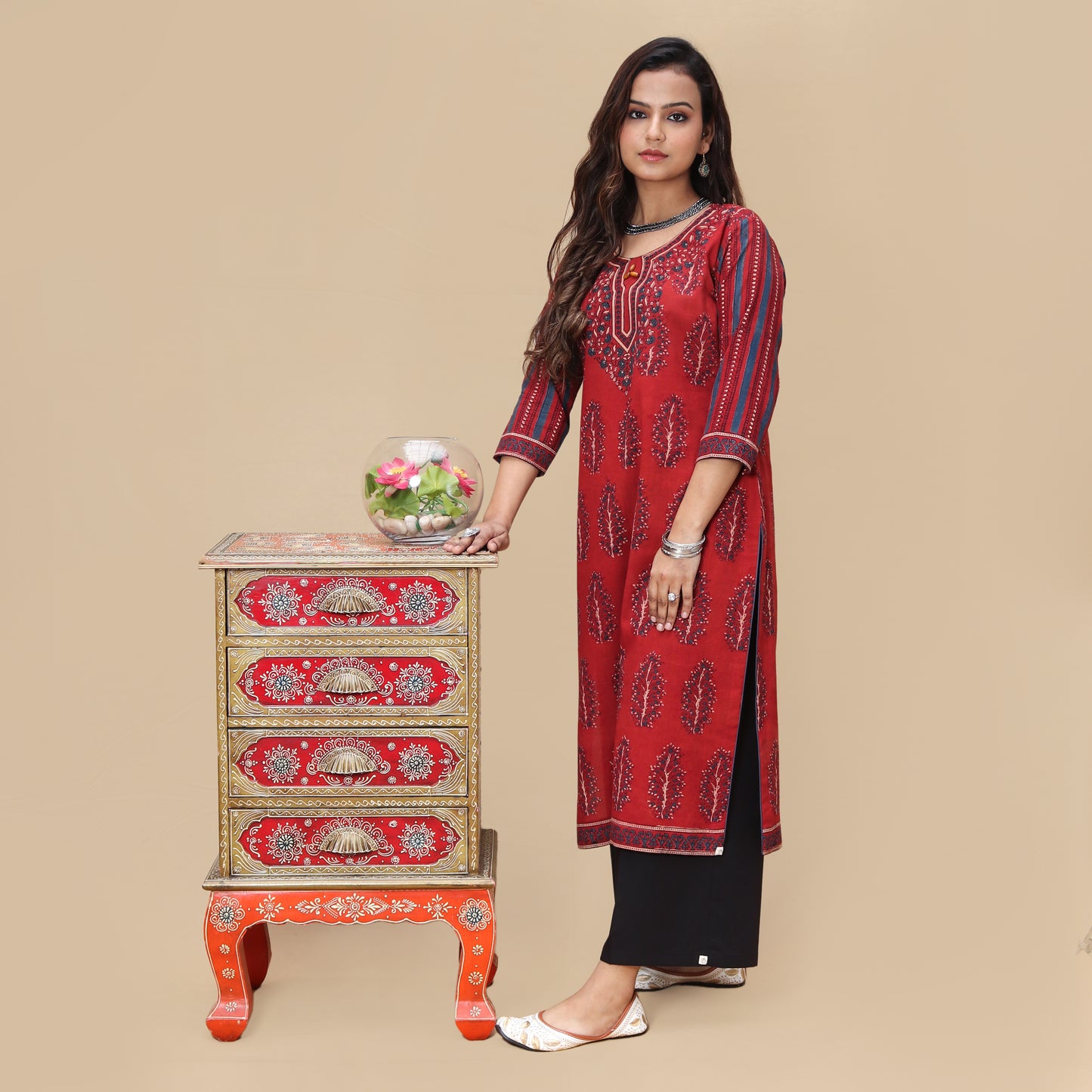 Crimson Floral Hand Block Ajrakh Kurta