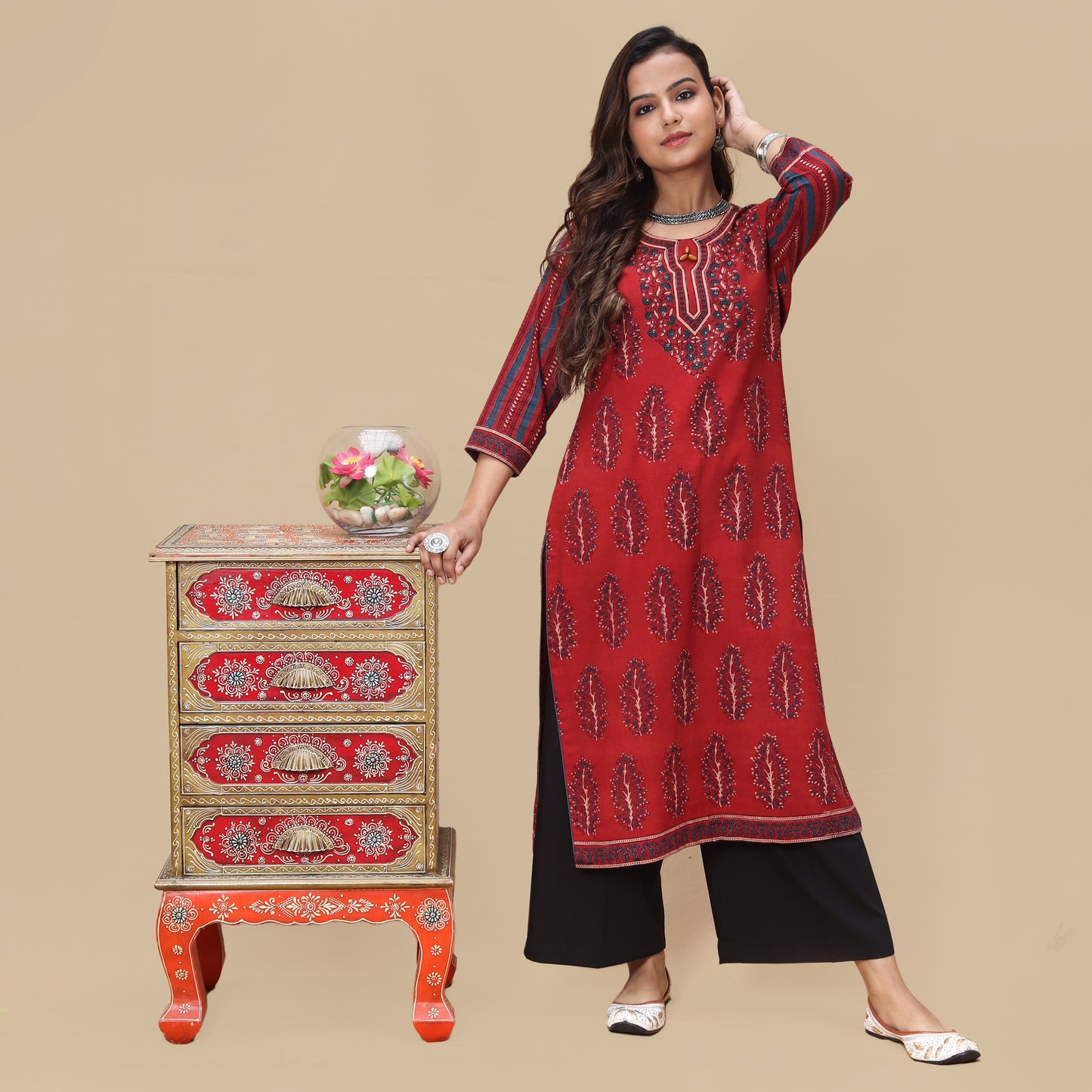 Crimson Floral Hand Block Ajrakh Kurta