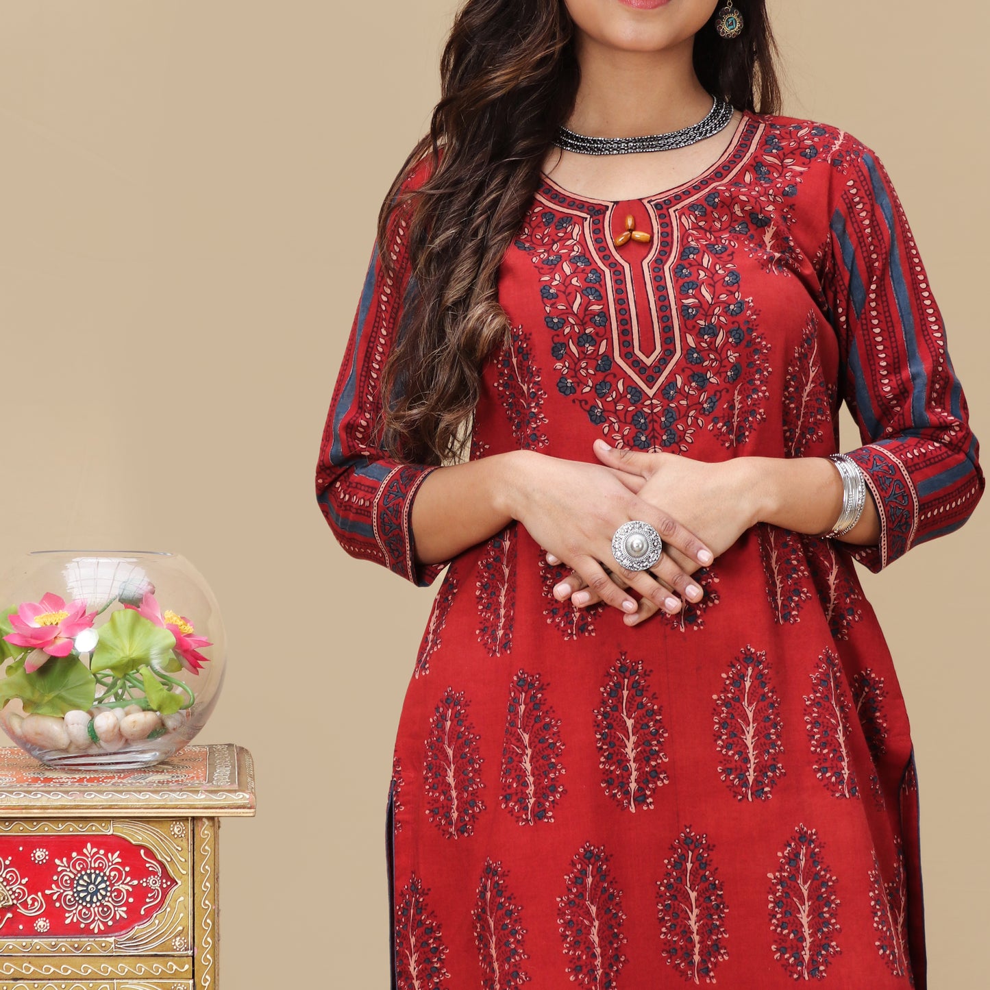 Crimson Floral Hand Block Ajrakh Kurta