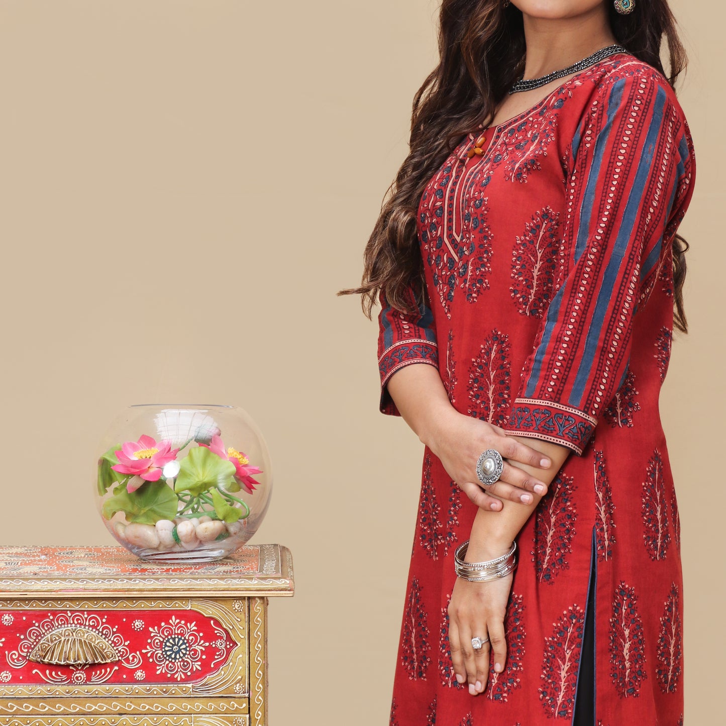 Crimson Floral Hand Block Ajrakh Kurta