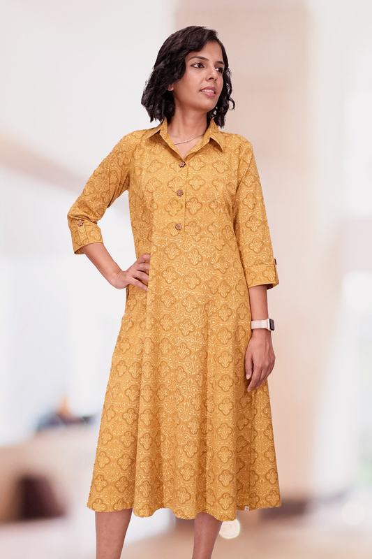 Mustard Ajrakh Collared Cotton Dress