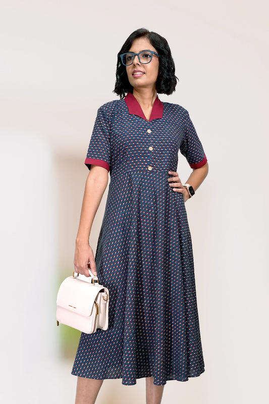 Navy Ajrakh Collared Dress