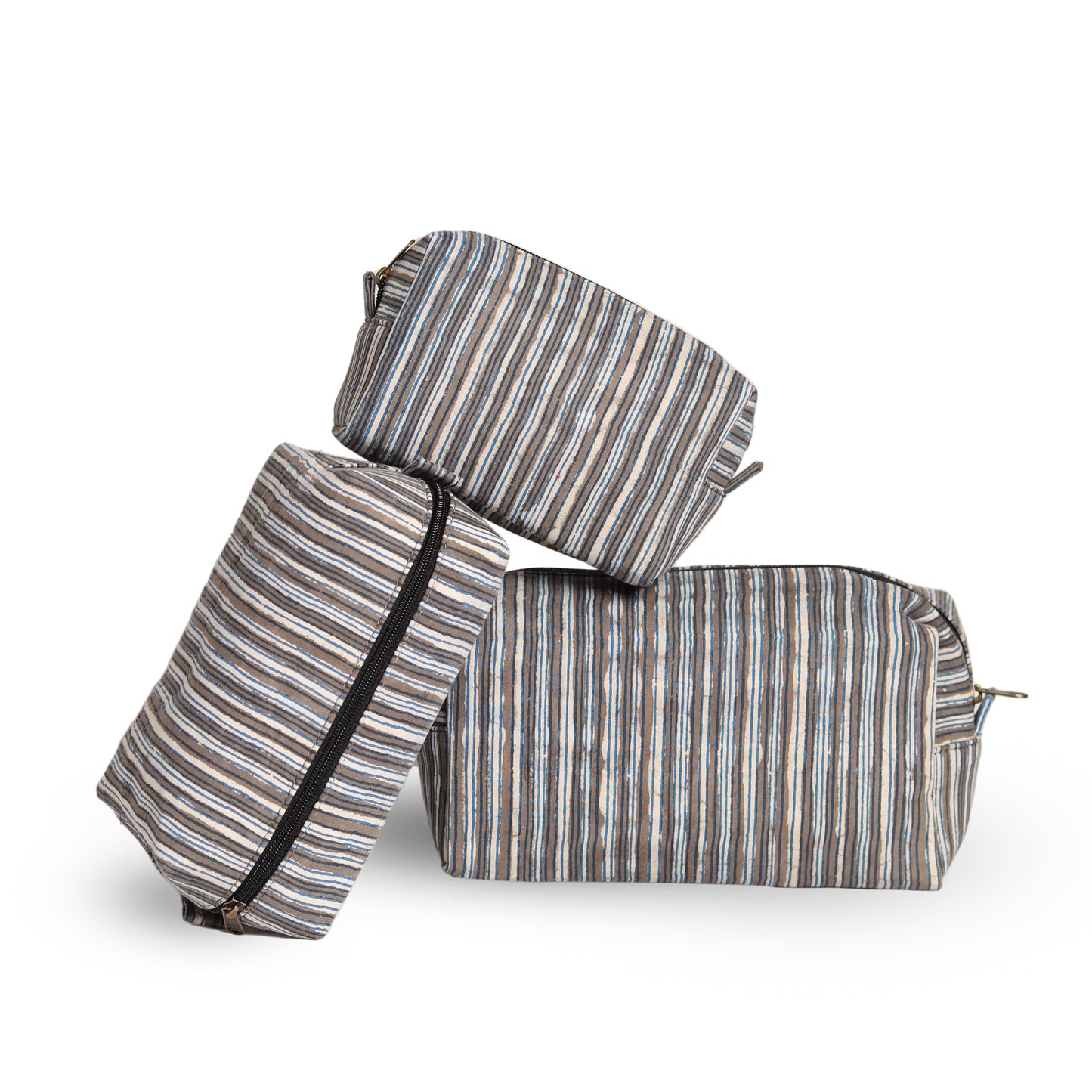 Striped Hand Block Printed Water Resistant Multipurpose Pouch (Set of 3)