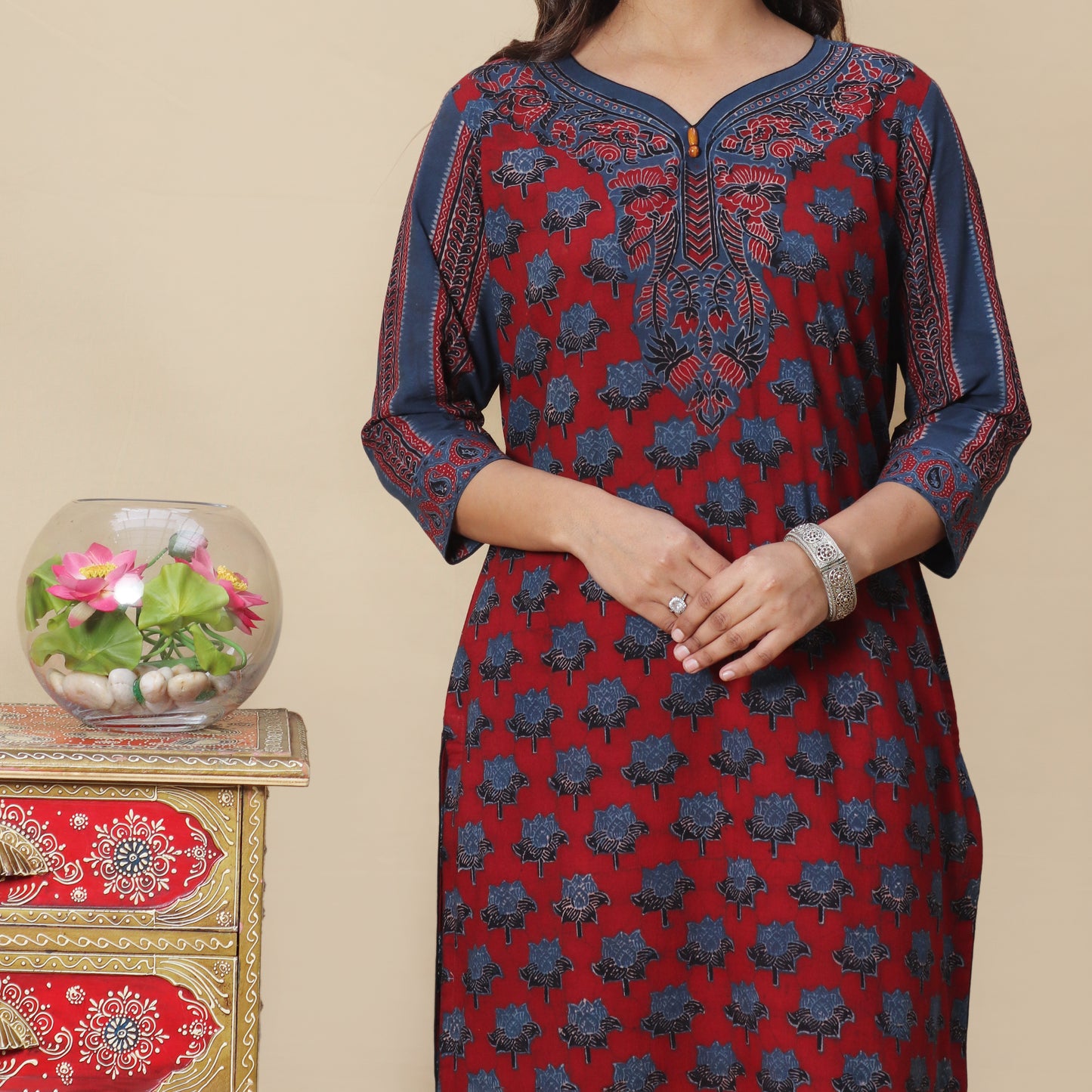 Crimson and Indigo Ajrakh Hand Block Kurta