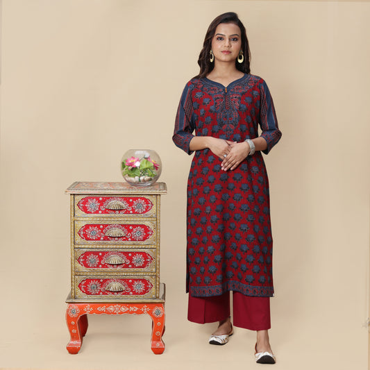 Crimson and Indigo Ajrakh Hand Block Kurta