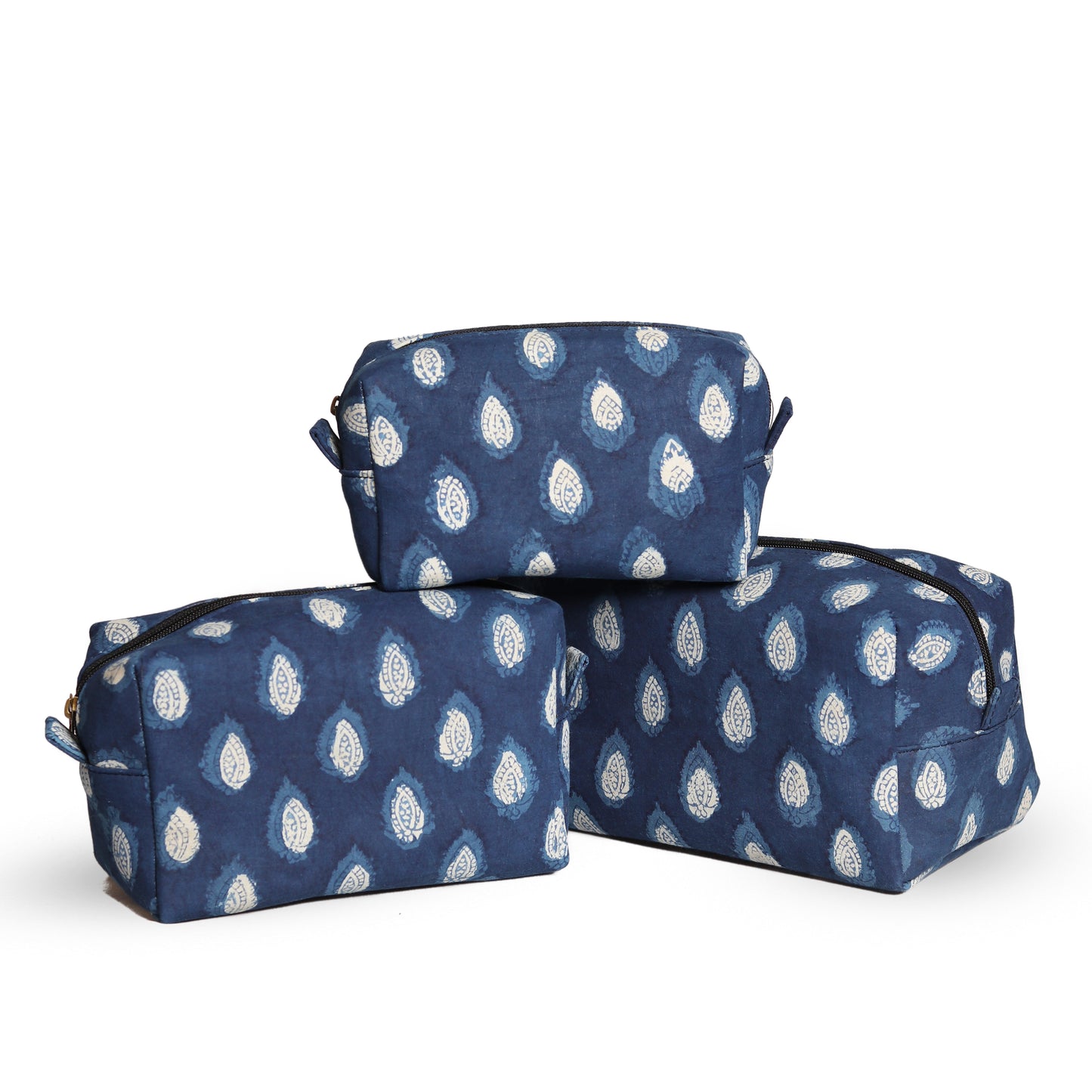 Indigo Hand Block Printed Water Resistant Multipurpose Pouch (Set of 3)