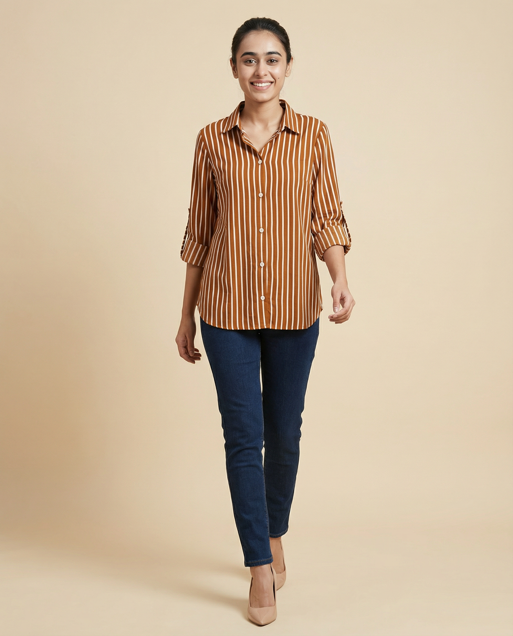 Pure cotton Striped Shirt - Brown