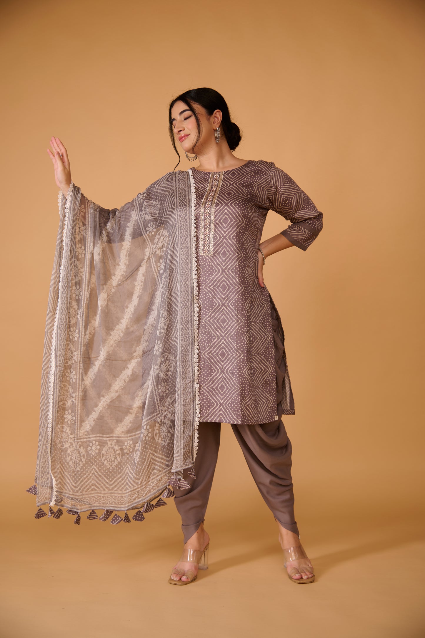 Grey Bandhani Modal Cotton Suit Set (Set of 3)