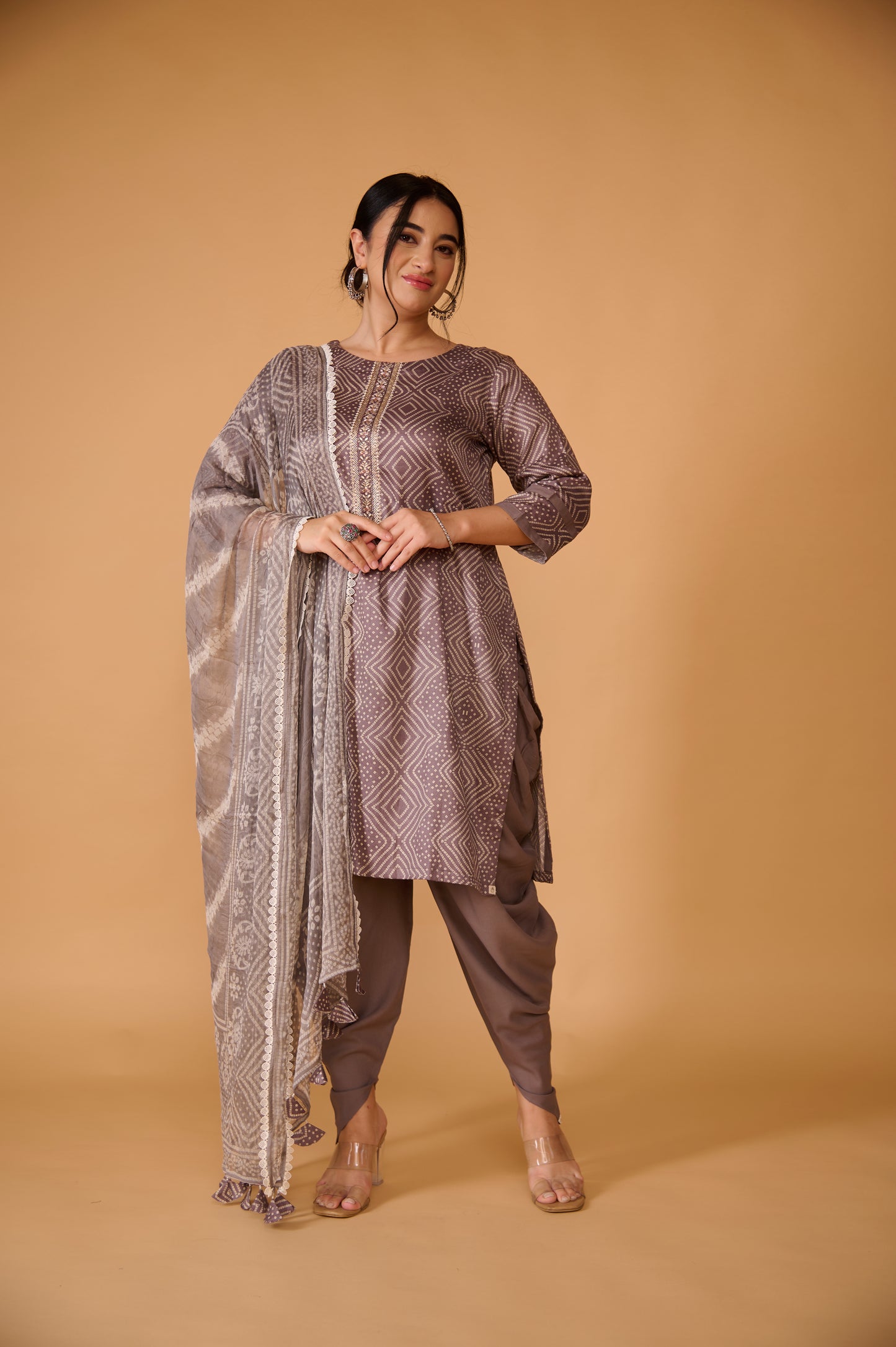 Grey Bandhani Modal Cotton Suit Set (Set of 3)