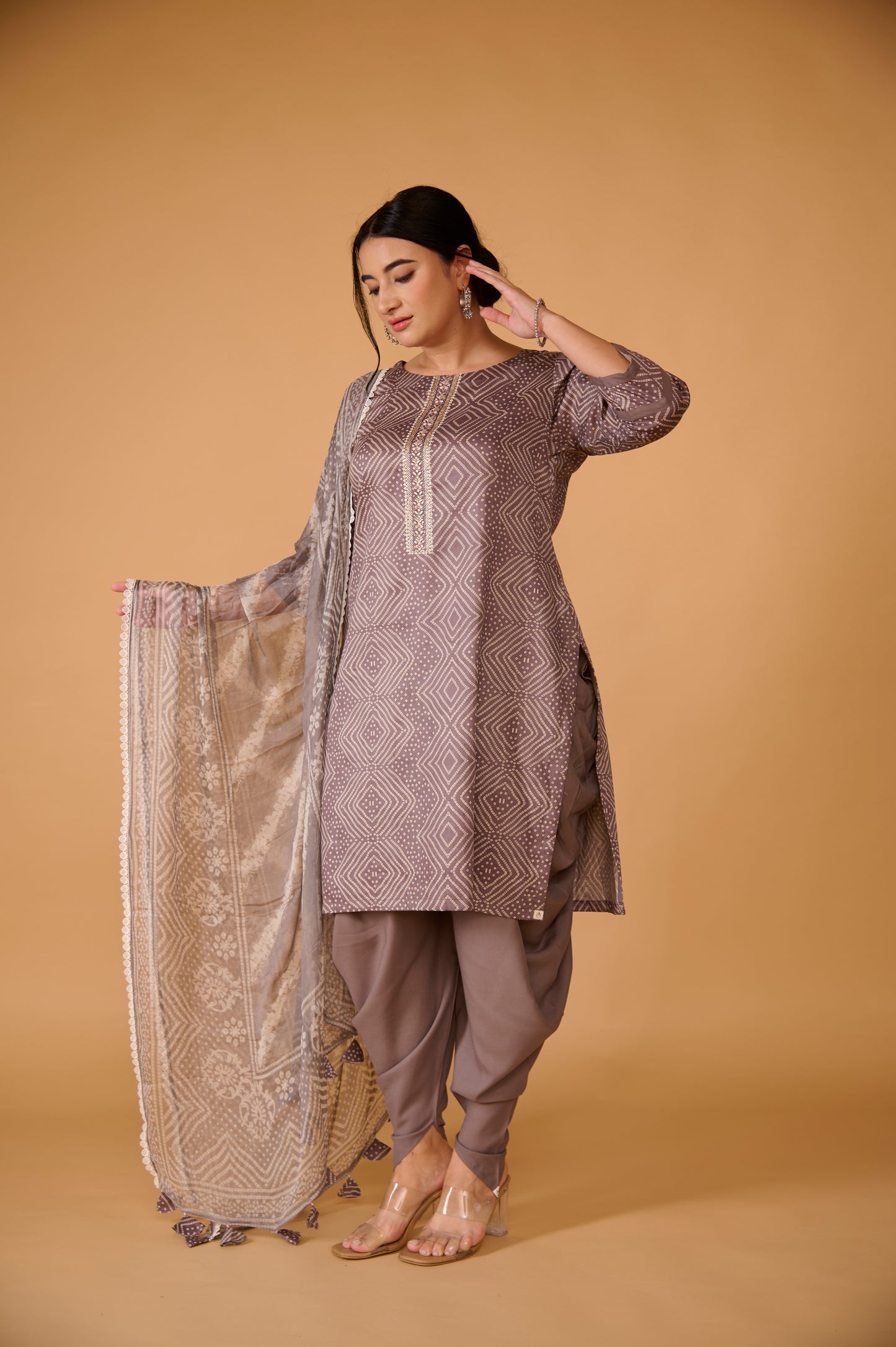 Grey Bandhani Modal Cotton Suit Set (Set of 3)