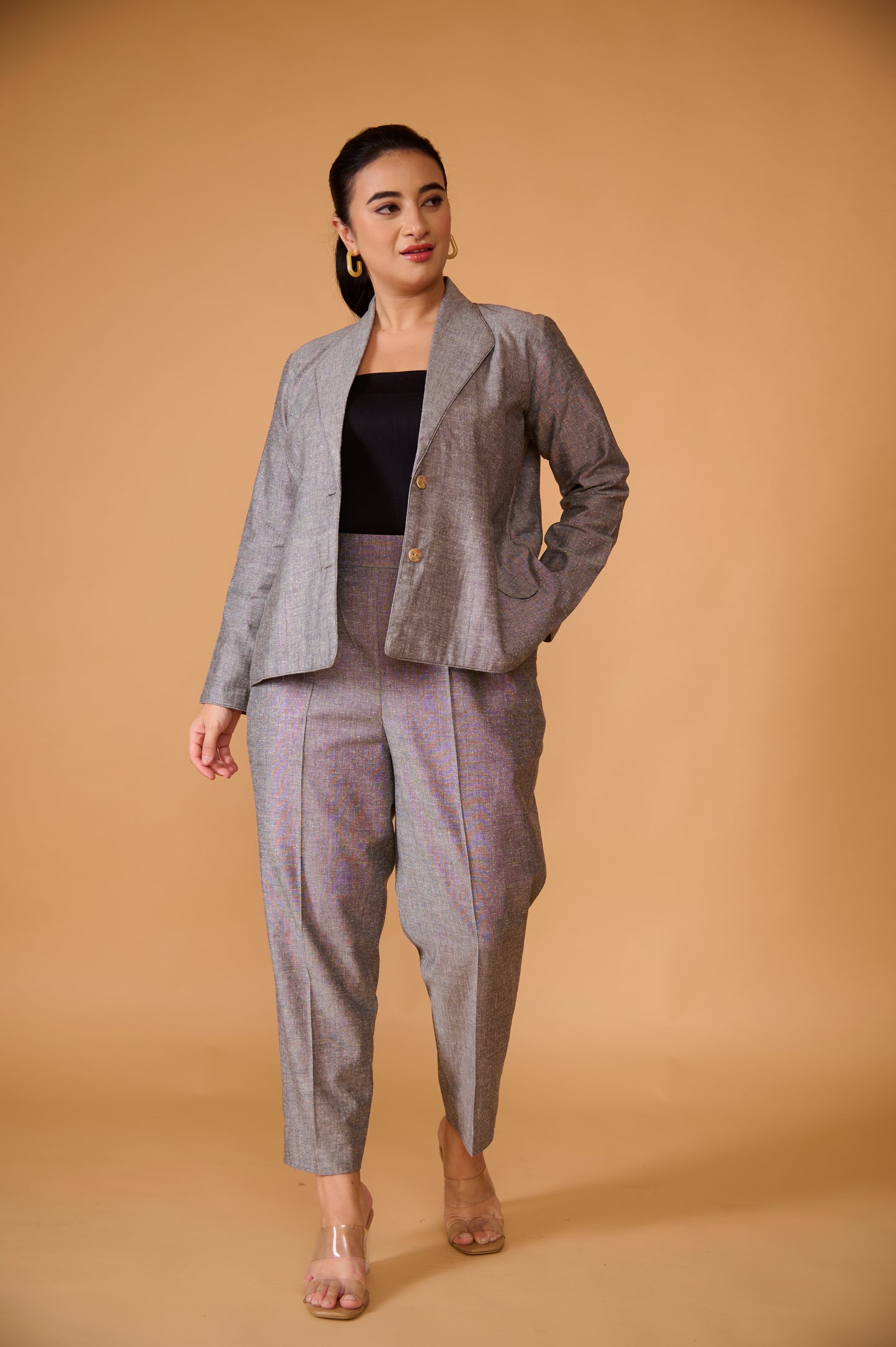 Steel Grey Khadi Silk Blazer Set