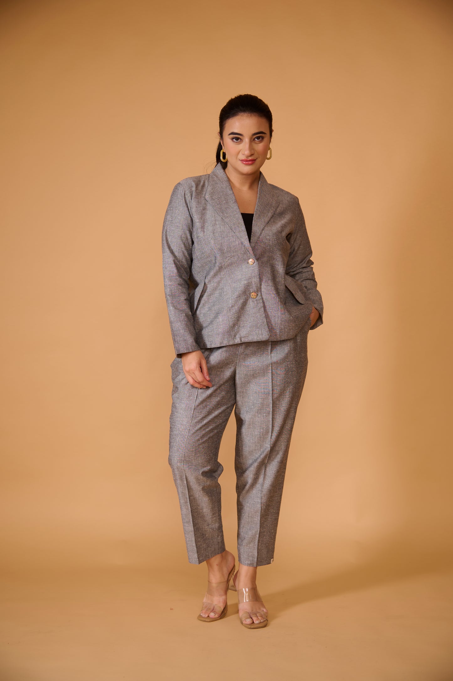 Steel Grey Khadi Silk Blazer Set