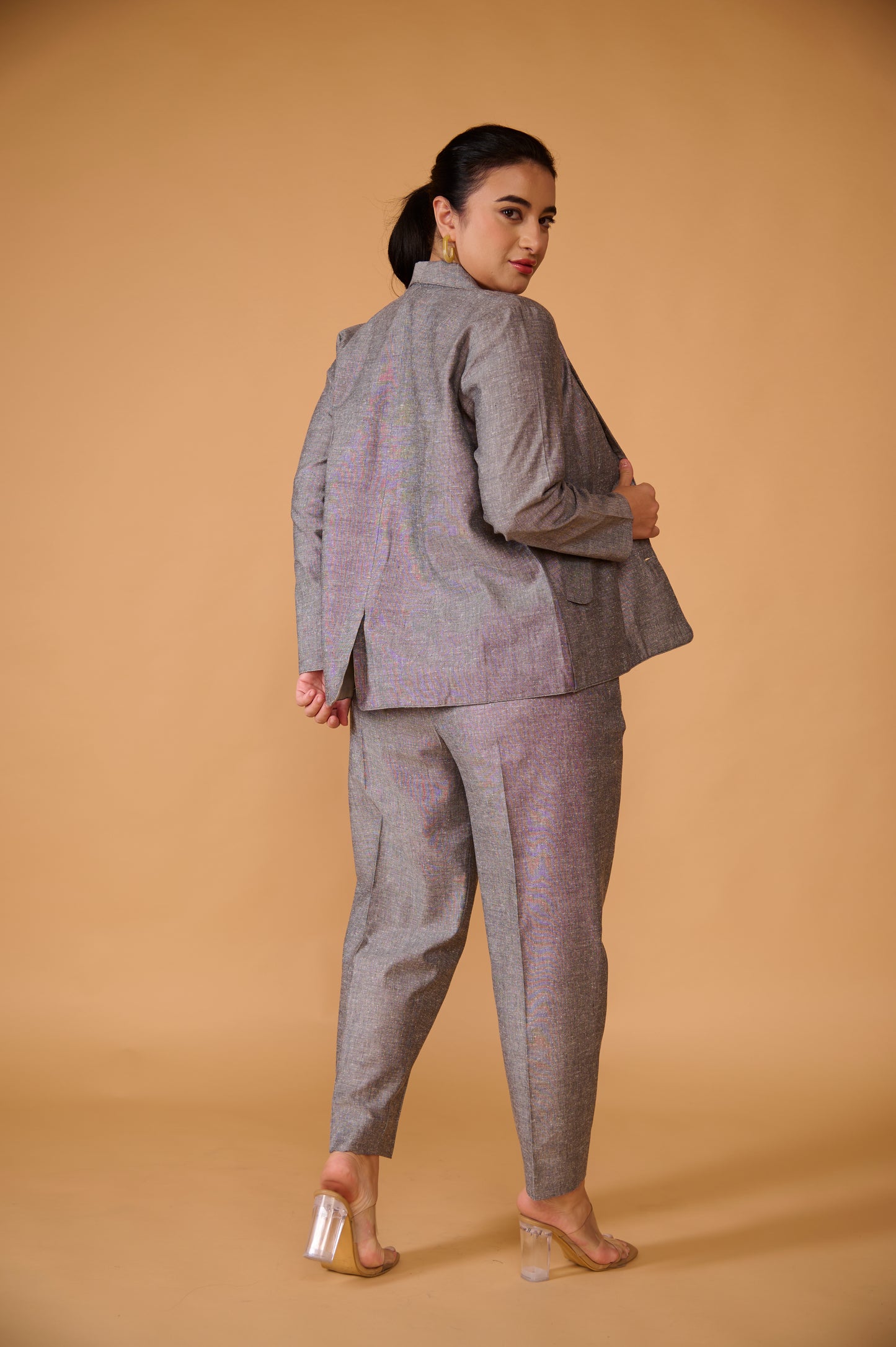 Steel Grey Khadi Silk Blazer Set