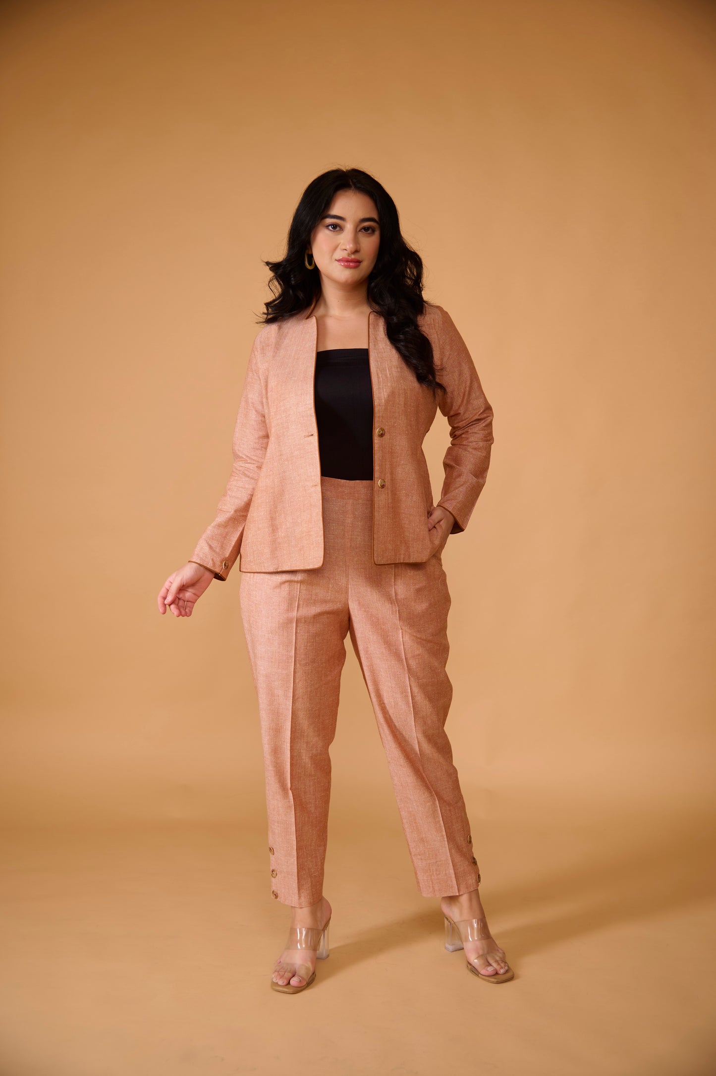 Pastel Peach Khadi Silk Blazer Set