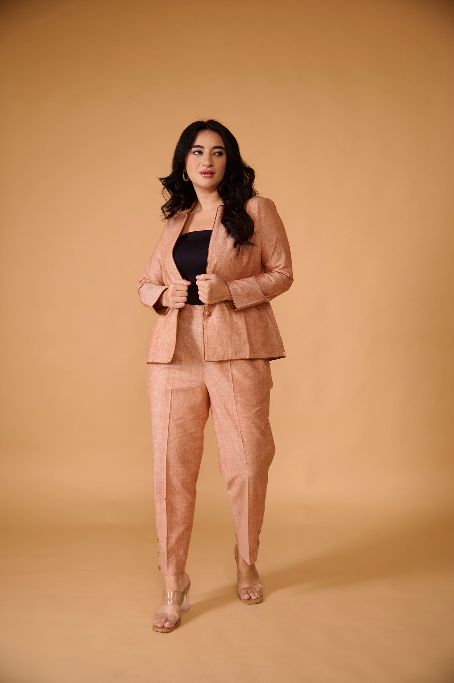 Pastel Peach Khadi Silk Blazer Set