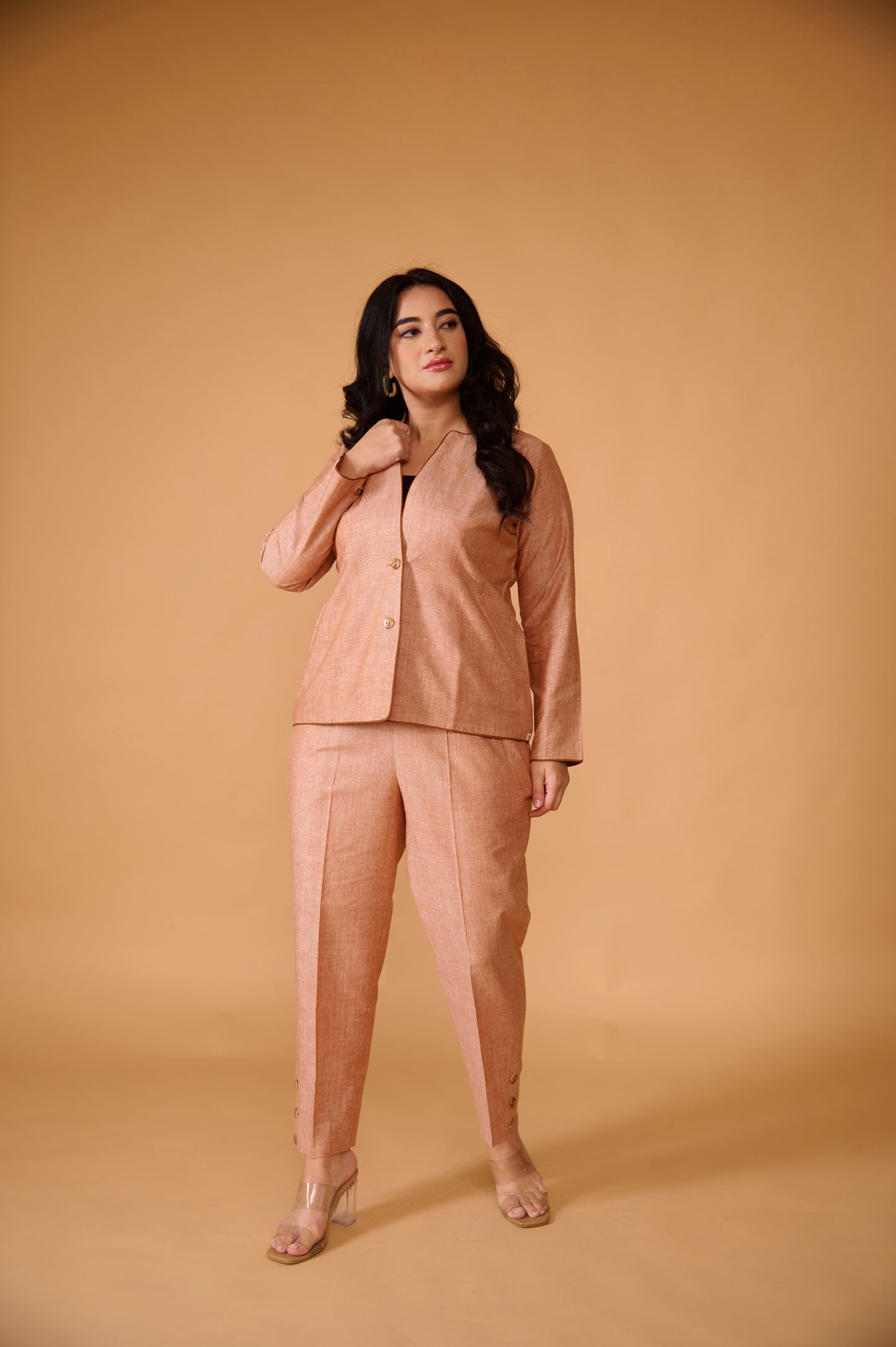 Pastel Peach Khadi Silk Blazer Set