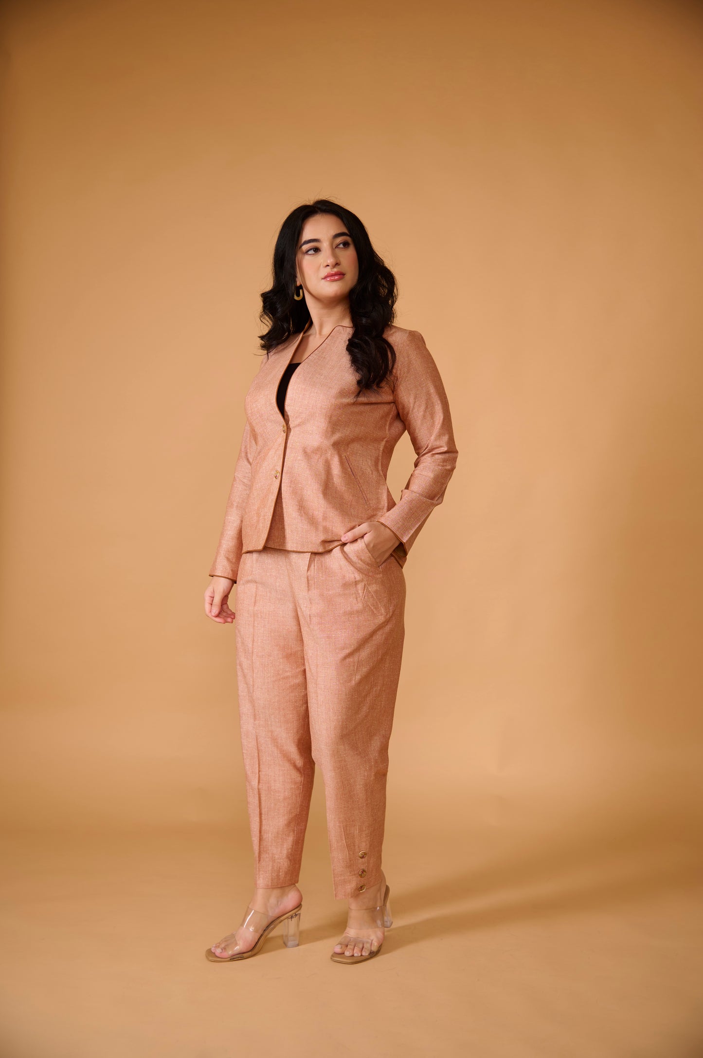 Pastel Peach Khadi Silk Blazer Set