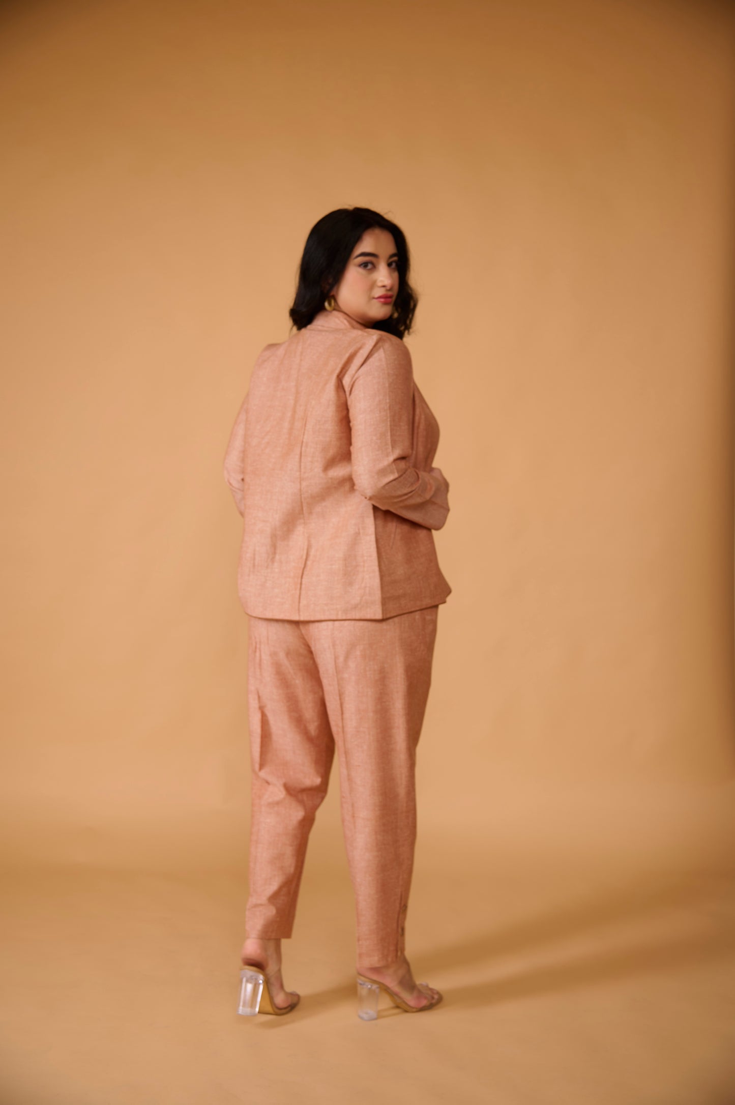 Pastel Peach Khadi Silk Blazer Set