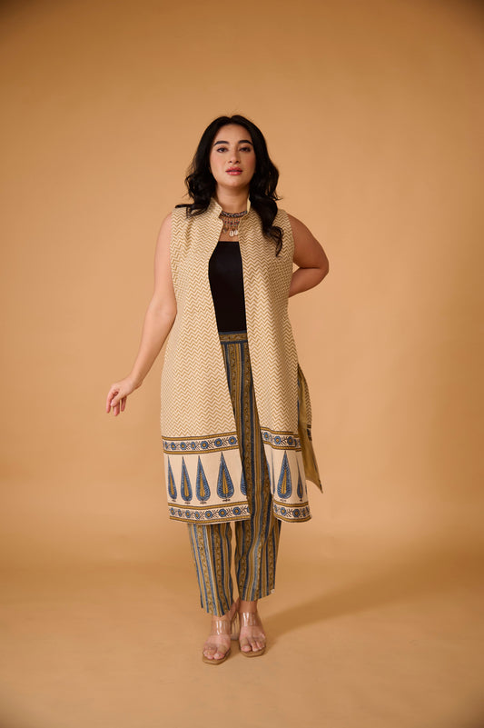 Beige Pine Ajrakh Long Shrug with Pant