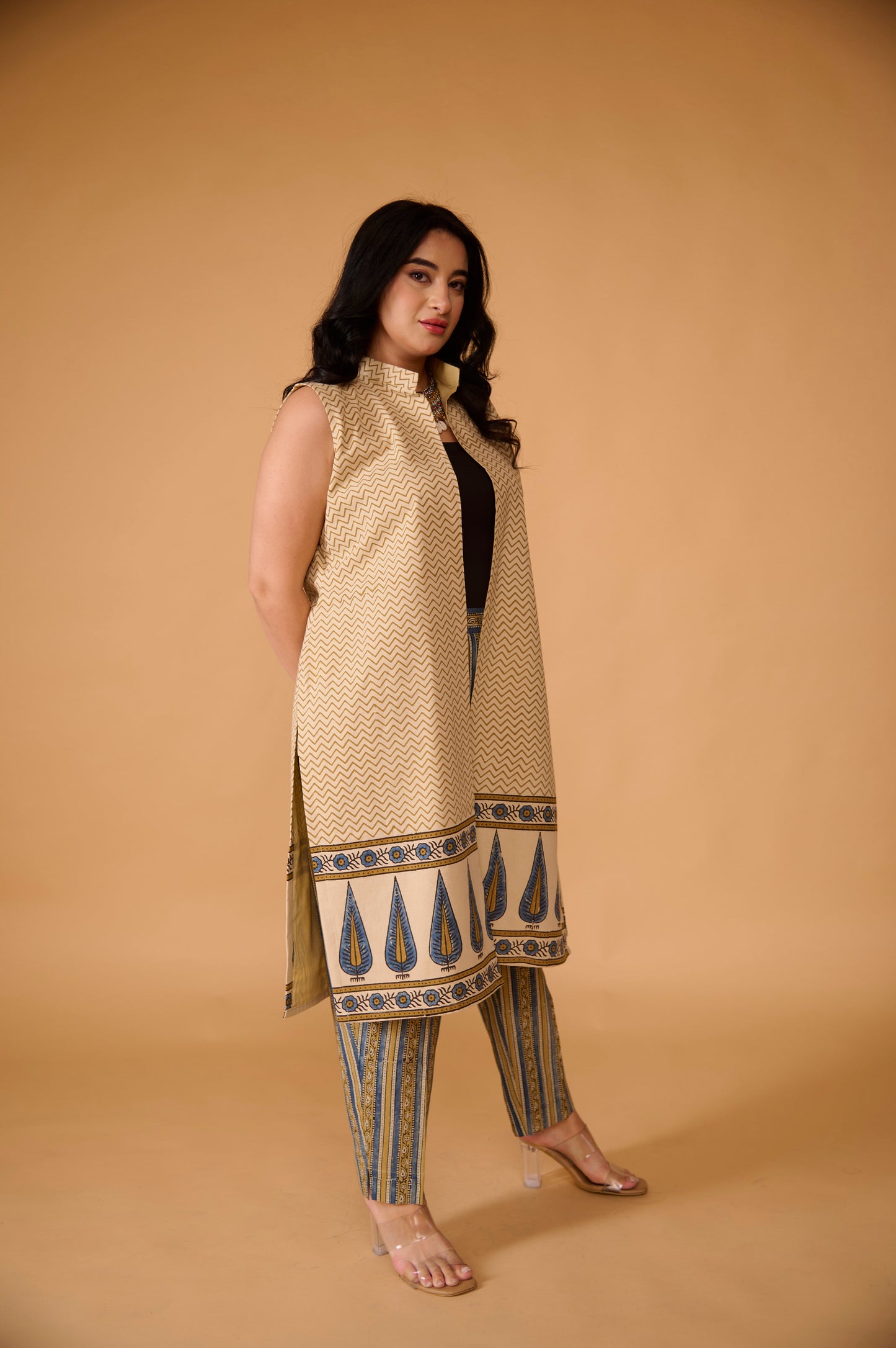 Beige Pine Ajrakh Long Shrug with Pant