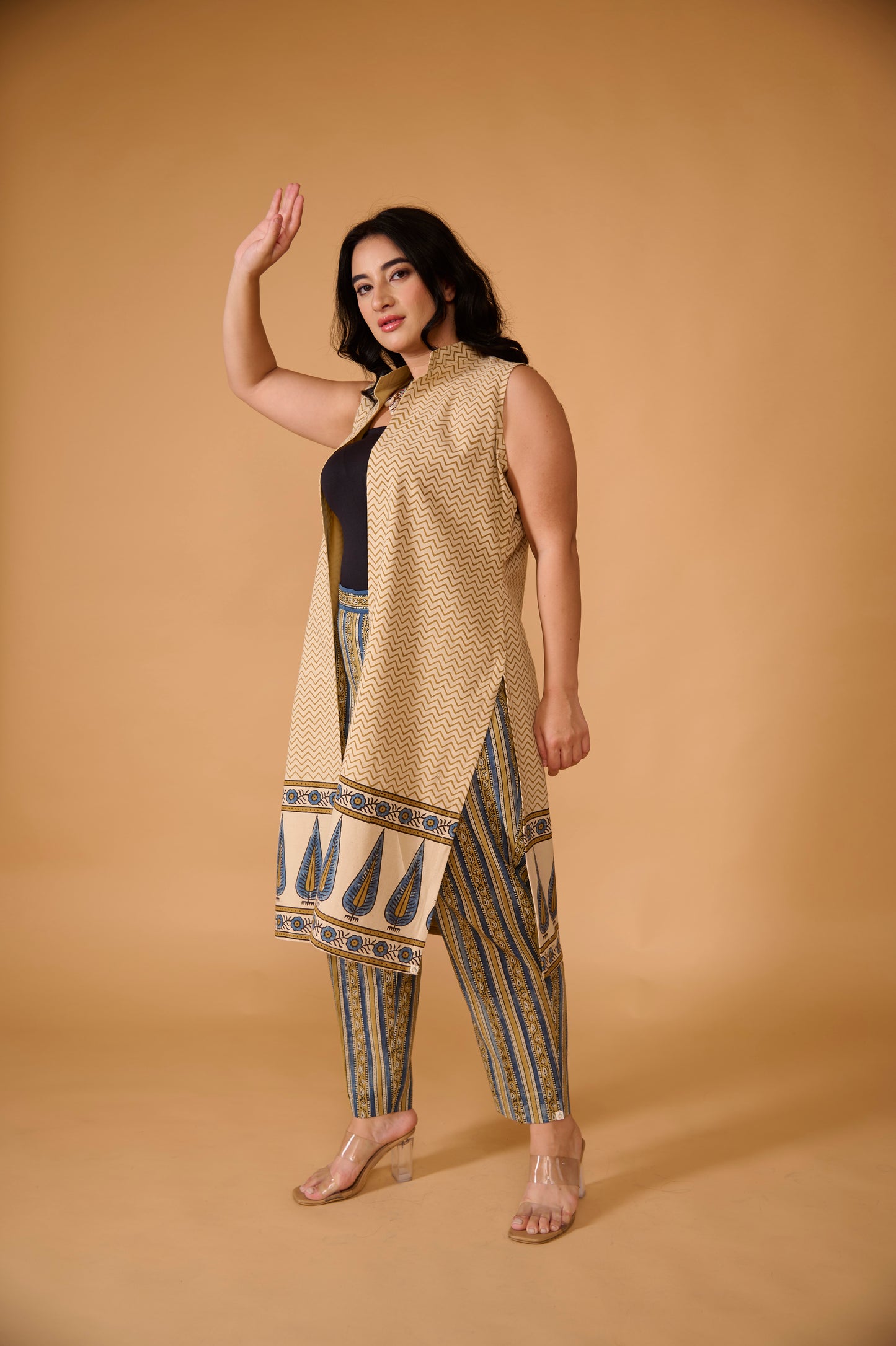 Beige Pine Ajrakh Long Shrug