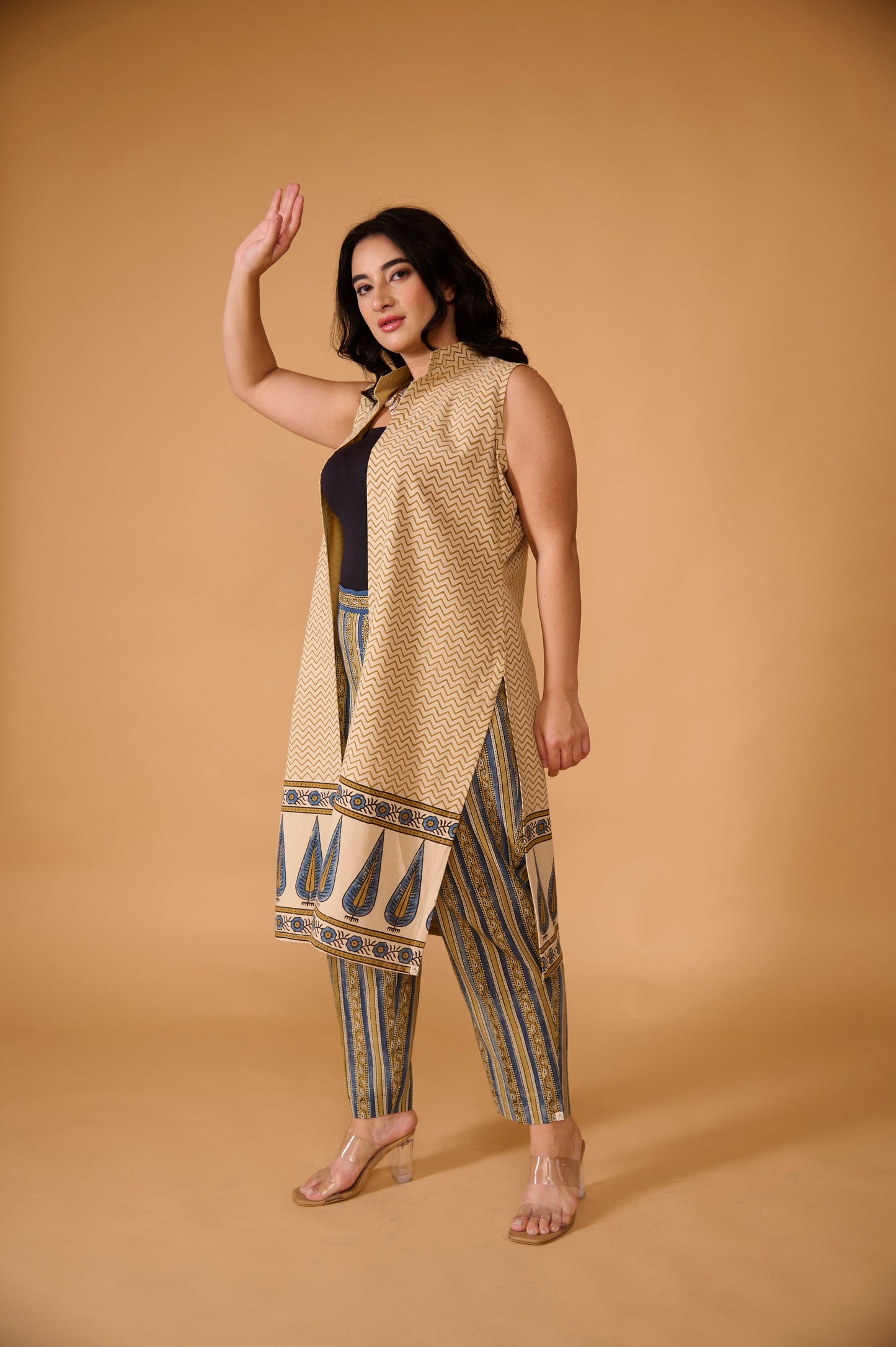 Beige Pine Ajrakh Long Shrug with Pant