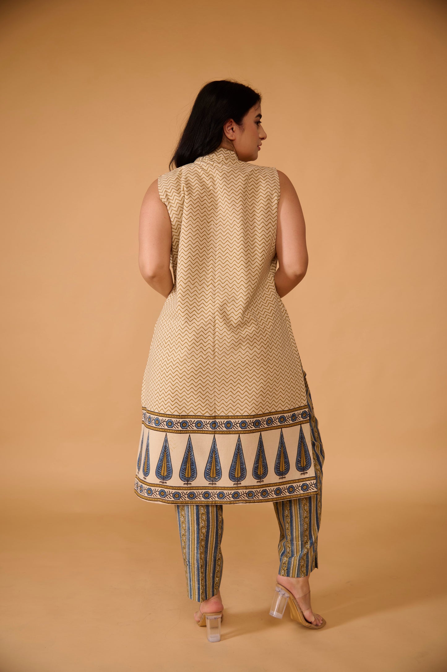 Beige Pine Ajrakh Long Shrug with Pant