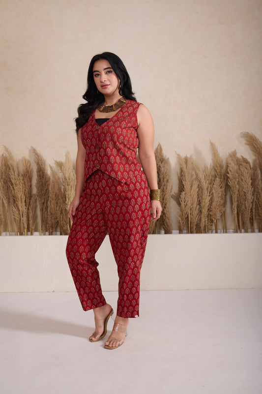 Maroon Ajrakh Waist Coat with Pant