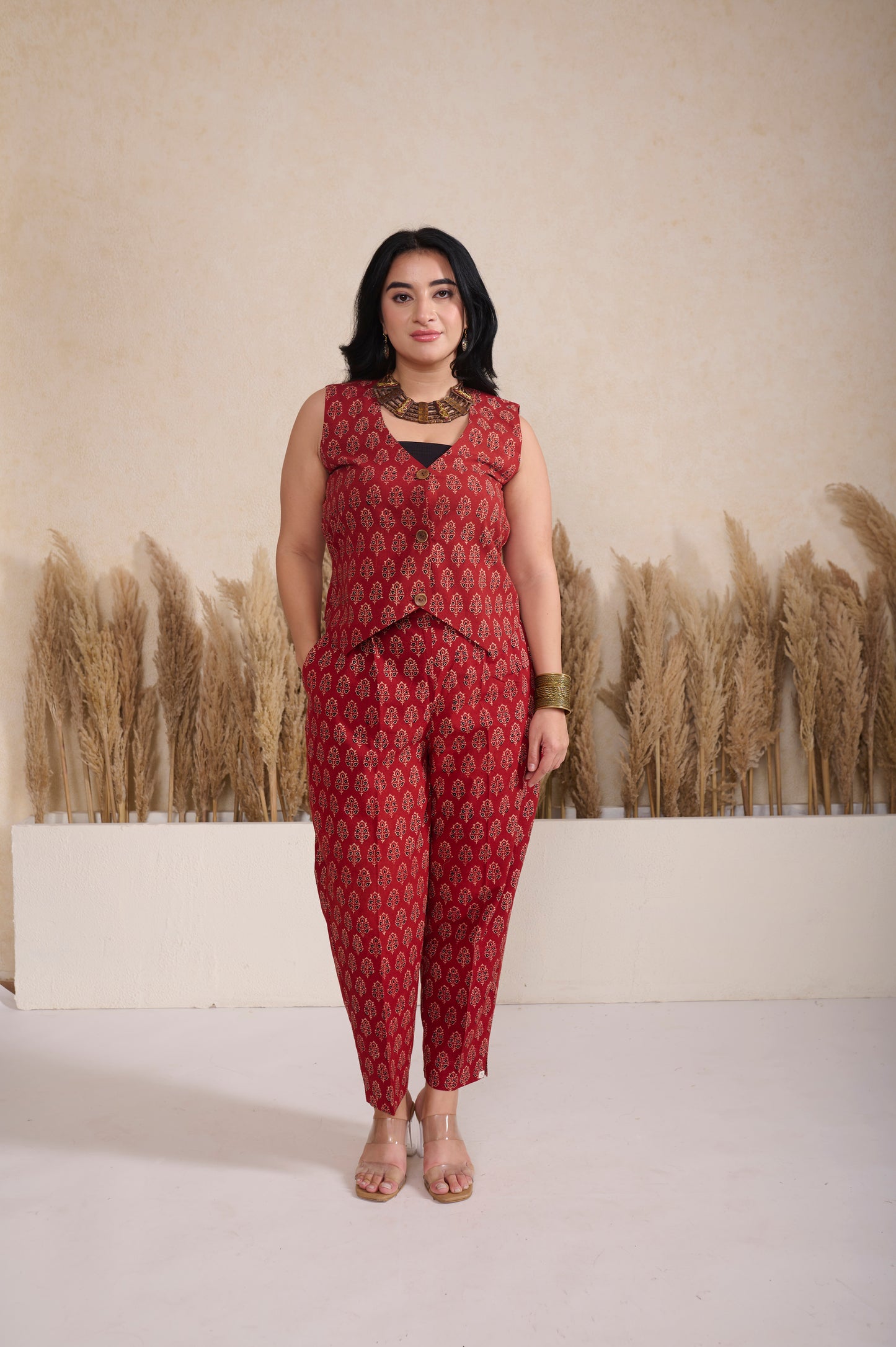 Maroon Ajrakh Waist Coat with Pant