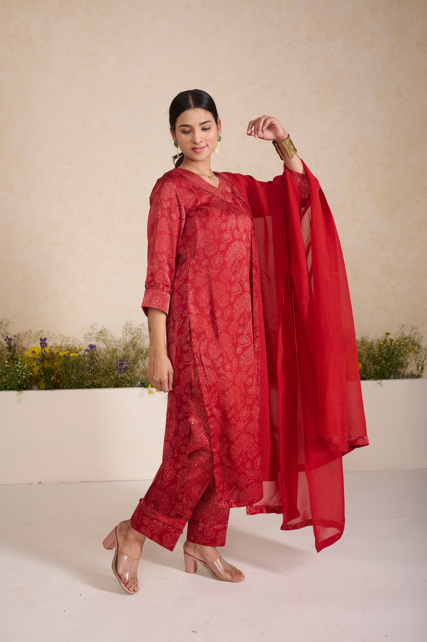 Festive Modal Silk Suit Set with Organza Dupatta (Set of 3)